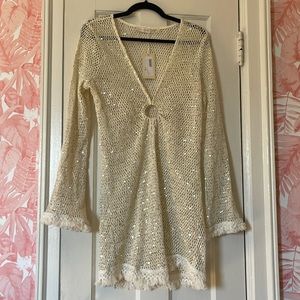 Ramy Brook white sequin long sleeve swim cover up: NWT: size Medium
